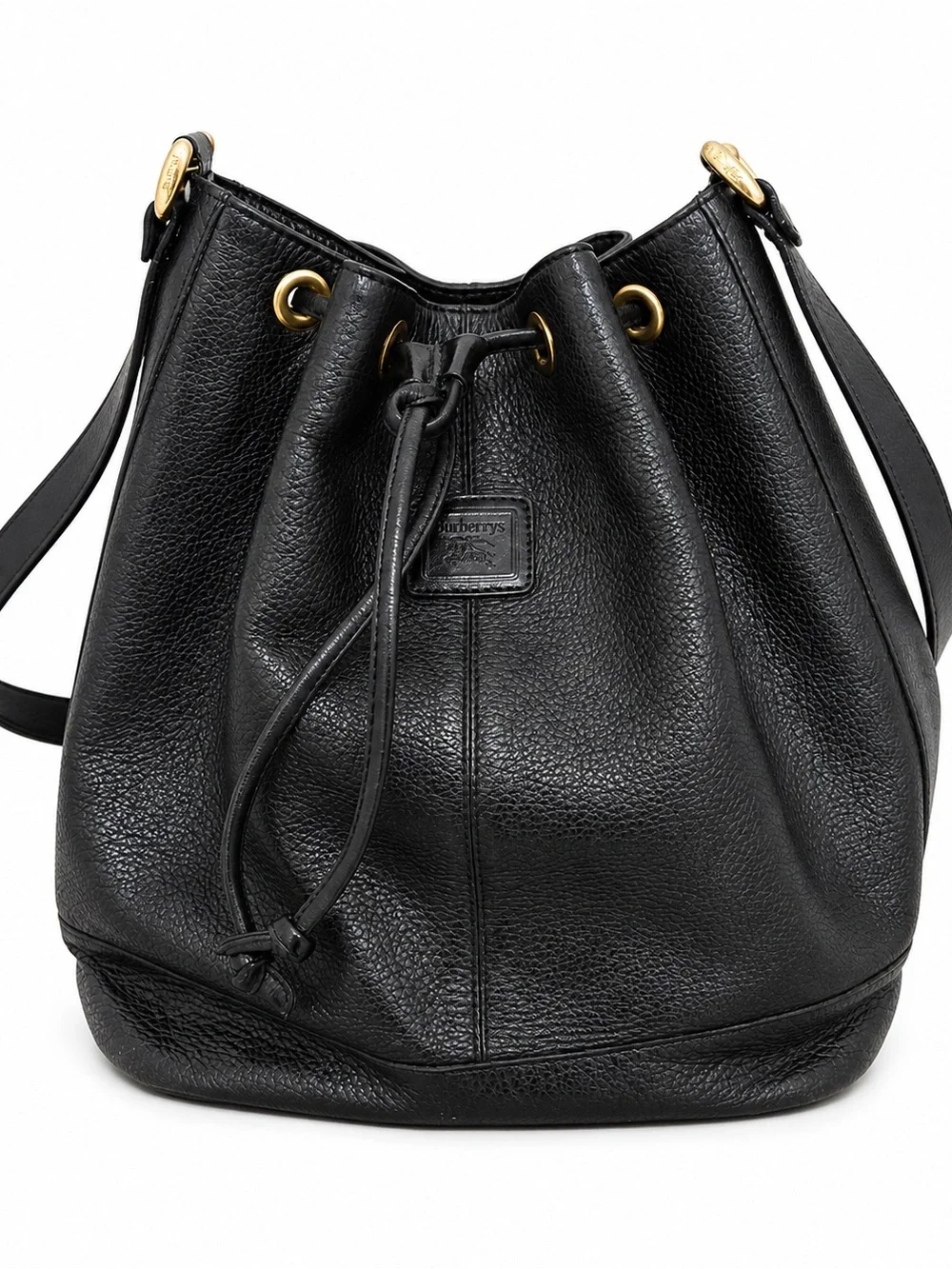burberrys vintage black leather bucket bag nova check drawstring shoulder bag